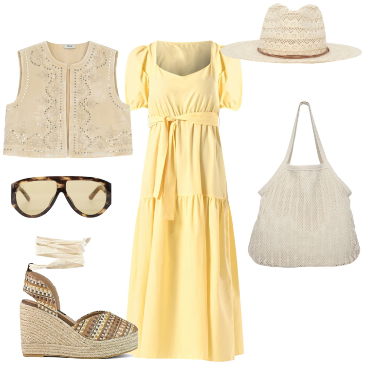 Outfit donna - Eleganza Solare e Leggera. Stile Boho per Tutti i giorni. Abbinamento con shopping bag, cappelli, occhiali da sole, gilet, vestiti lunghi, zeppe.