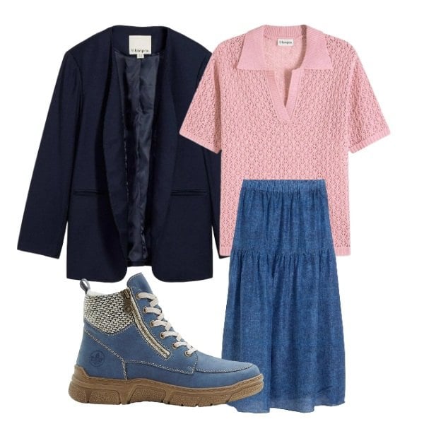 Outfit donna - bonprix - Look primaverili. Stile Sporty chic per Tutti i giorni. Abbinamento con gonne lunghe, blazer, polo, stivaletti.