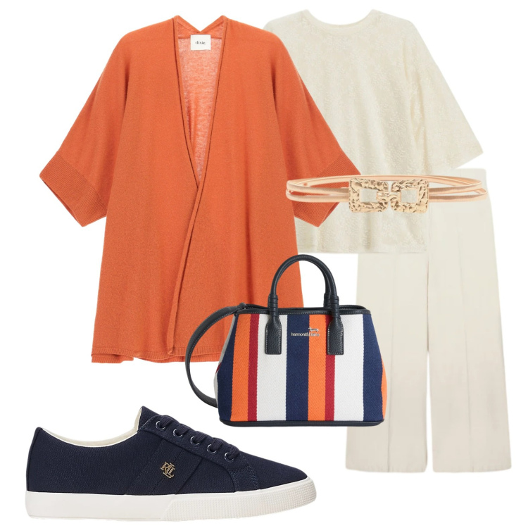 Outfit donna - Aranciando. Stile Casual per Tutti i giorni. Abbinamento con shopping bag, bluse, pantaloni chino, cardigans, cinture, sneakers.