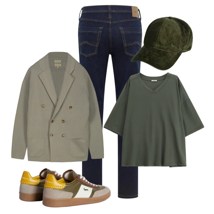 Outfit uomo - Verde di stagione. Stile Urban per Tutti i giorni. Abbinamento con jeans dritti, sneakers, cappelli con visiera, t-shirt, cardigans.
