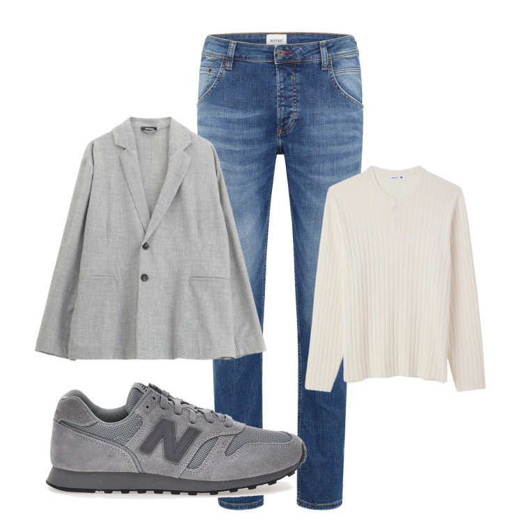 Outfit uomo - Blazer destrutturato. Stile Casual per Tutti i giorni. Abbinamento con jeans dritti, maglieria, giacche, sneakers.