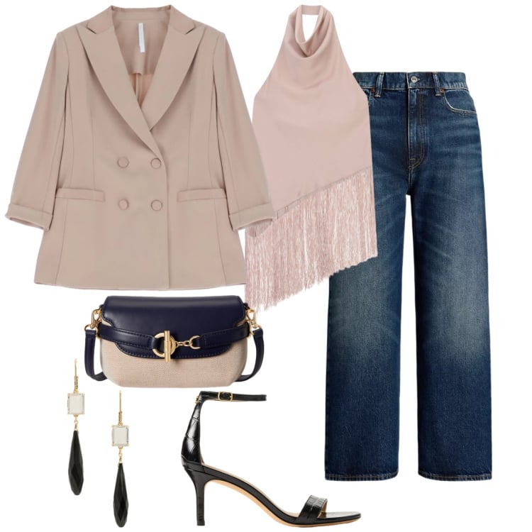 Outfit donna - Il potere dei colori pastello. Stile Chic per Tutti i giorni. Abbinamento con blazer, top, jeans, sandali in pelle, orecchini, borse a tracolla.