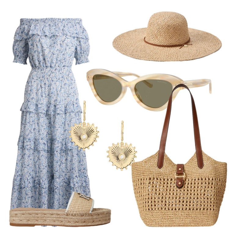 Outfit donna - Campagnola bella. Stile Vintage retrò per Tutti i giorni. Abbinamento con borse tote, occhiali da sole, orecchini, cappelli, vestiti, espadrillas.