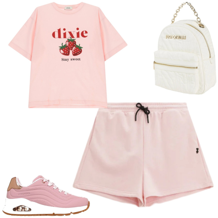 Outfit donna - Pink. Stile Casual per Tutti i giorni. Abbinamento con zaini, t-shirt, shorts, sneakers alte.