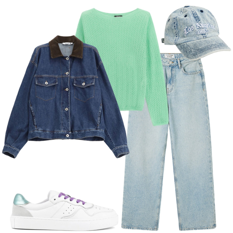 Outfit donna - Total look #2352923. Stile Casual per Tutti i giorni. Abbinamento con cappelli con visiera, jeans, maglieria, blazer, sneakers.