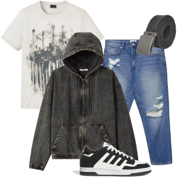 Outfit uomo - Total look #2352926. Stile Urban per Tutti i giorni. Abbinamento con t-shirt, cinture, jeans strappati, giacche, sneakers.