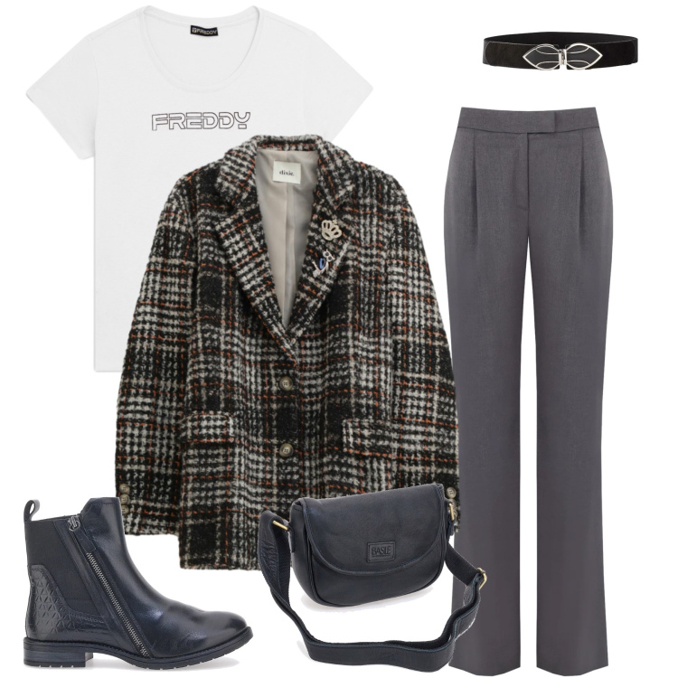 Outfit donna - Il Comfort Incontra lo Stile Urban. Stile Urban per Tutti i giorni. Abbinamento con cinture, cappotti, t-shirt, pantaloni, stivaletti chelsea, borse a tracolla.