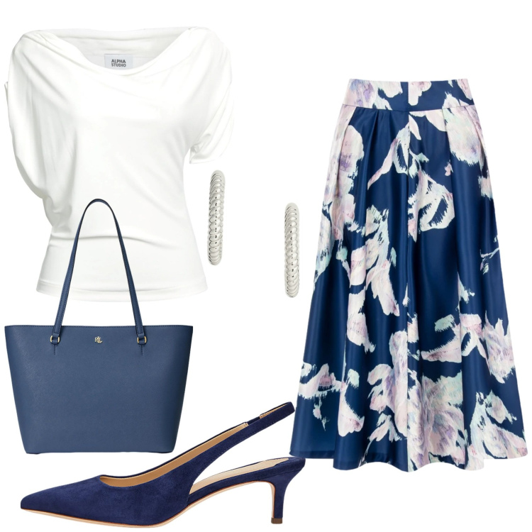 Outfit donna - Total look #2352928. Stile Chic per Cerimonia. Abbinamento con top, gonne longuette, borse tote, décolleté, orecchini.