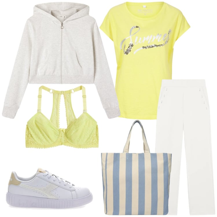 Outfit donna - Total look #2352929. Stile Sporty chic per Tutti i giorni. Abbinamento con maglieria, reggiseni, felpe con cappuccio, shopping bag, pantaloni, sneakers.