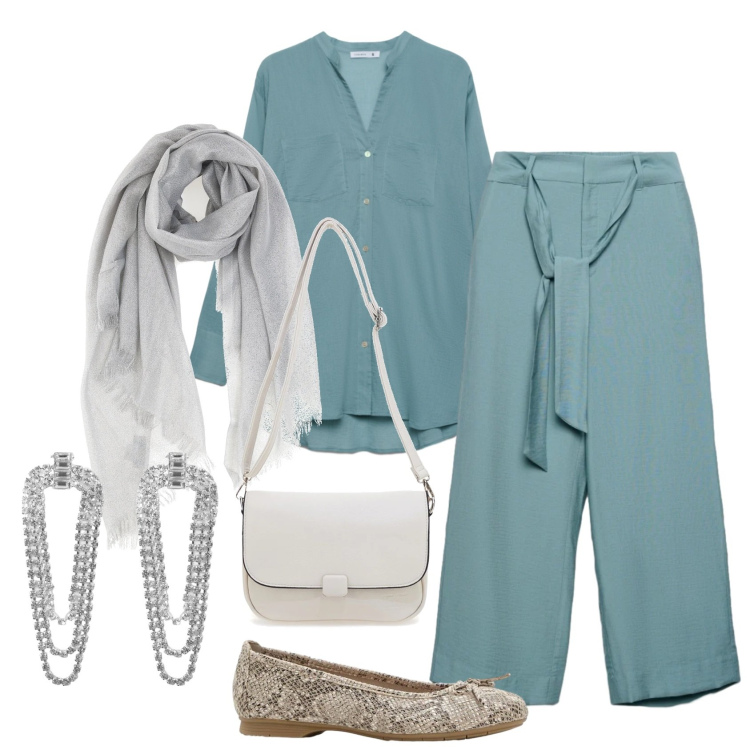 Outfit donna - Primavera che valorizza - curvy style. Stile Urban per Tutti i giorni. Abbinamento con ballerine, camicie, pantaloni a palazzo, orecchini, foulard, borse a tracolla.