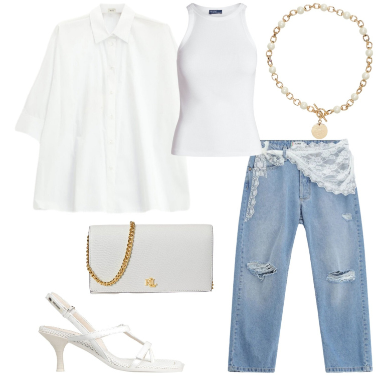 Outfit donna - Total look #2352937. Stile Chic per Serata fuori. Abbinamento con infradito, camicie, jeans strappati, canottiere, collane, borse a tracolla.