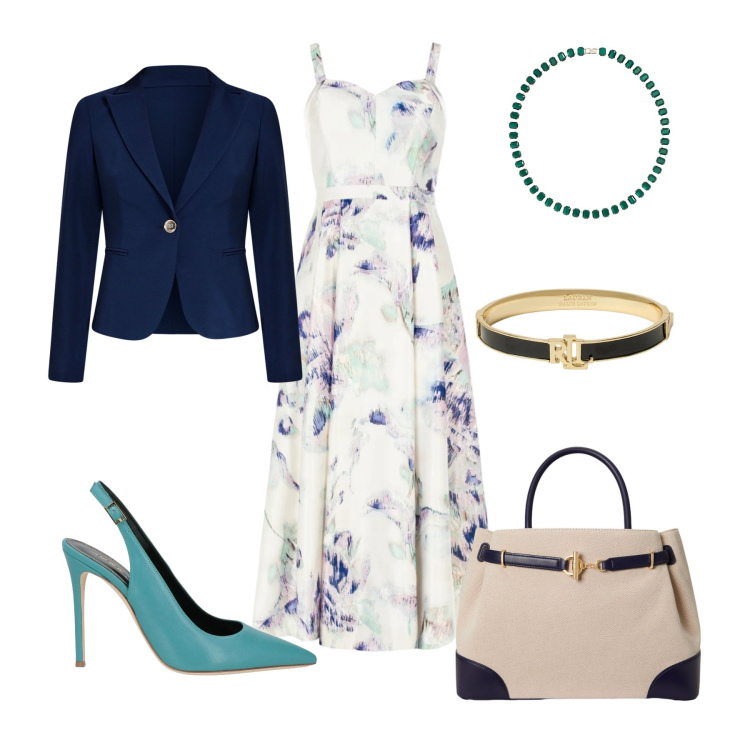 Outfit donna - Elegante primavera. Stile Chic per Cerimonia. Abbinamento con décolleté, vestiti midi/longuette, blazer, borse a mano, collane, braccialetti.
