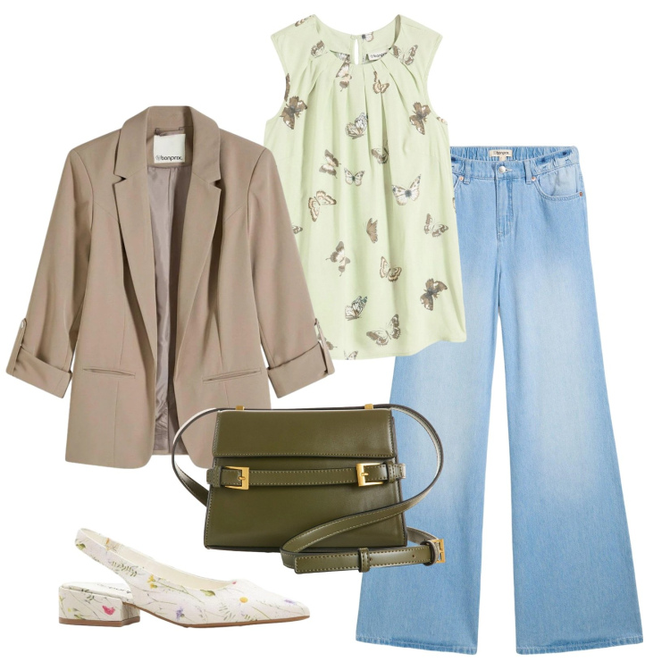 Outfit donna - Fiori e farfalle. Stile Basic per Tutti i giorni. Abbinamento con top, jeans, borse a tracolla, blazer, décolleté.