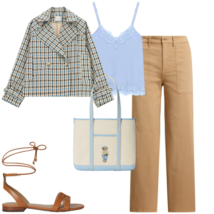 Outfit donna - City. Stile Casual chic per Tutti i giorni. Abbinamento con giacche, top, pantaloni, sandali in pelle, borse tote.