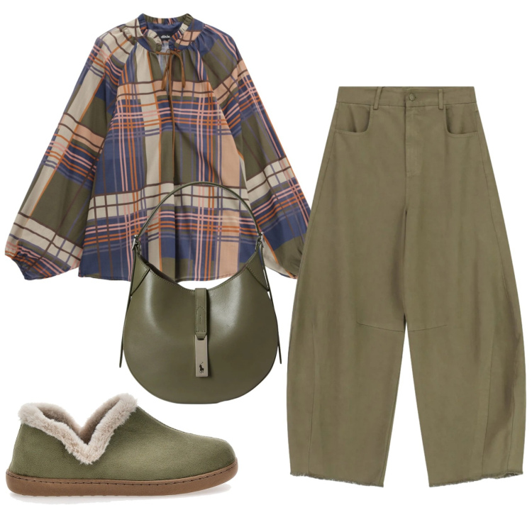 Outfit donna - Total look #2352959. Stile Trendy per Tutti i giorni. Abbinamento con pantaloni a palazzo, bluse, borse a spalla, pantofole.