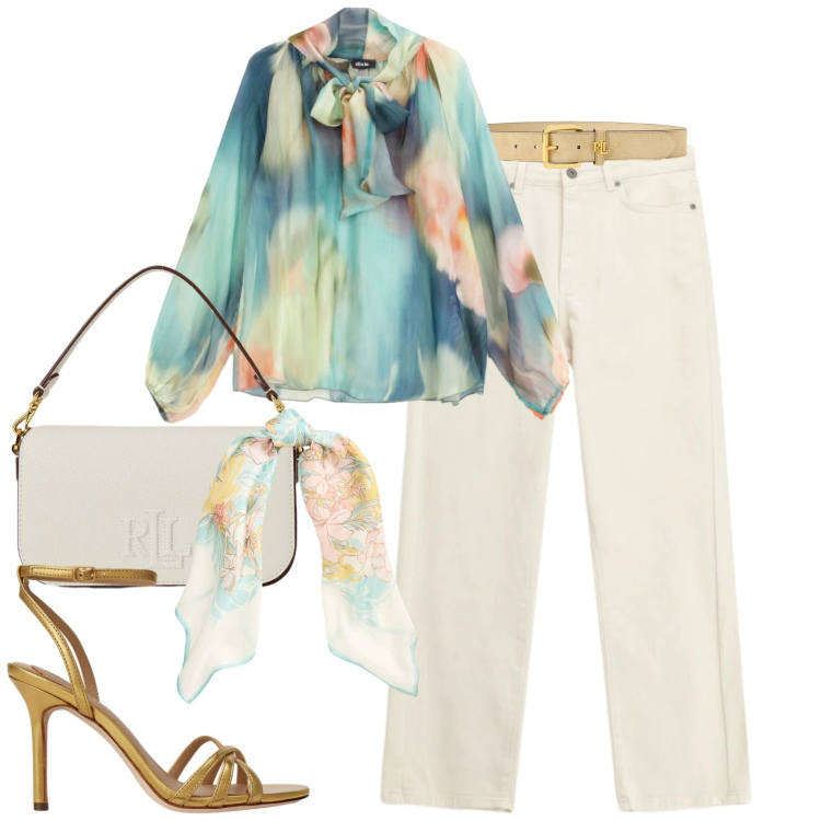 Outfit donna - Total look #2352960. Stile Casual chic per Tutti i giorni. Abbinamento con bluse, jeans dritti, borse a spalla, sandali in pelle, foulard, cinture.