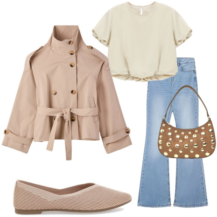 Outfit donna - Light Blue denim. Stile Urban per Tutti i giorni. Abbinamento con jeans a zampa, borse a tracolla, caban, camicie a manica corta, ballerine.