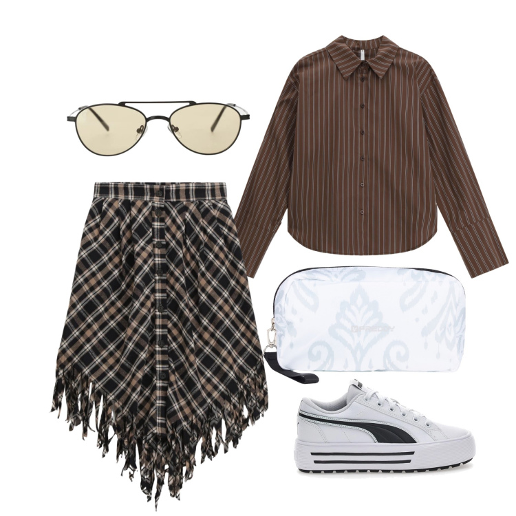 Outfit donna - Marzo. Stile Trendy per Tutti i giorni. Abbinamento con occhiali da sole, camicie, gonne longuette, valigie, sneakers.