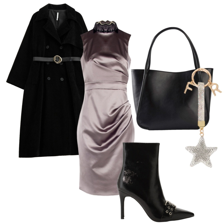 Outfit donna - 8 marzo. Stile Chic per Serata fuori. Abbinamento con shopping bag, stivaletti, trench, portachiavi, vestiti a tubino.