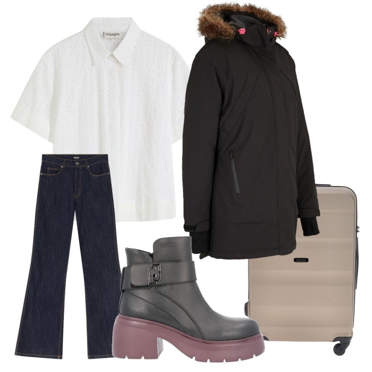 Outfit donna - Gorpcore Metropolitano anche in viaggio. Stile Urban per Tutti i giorni. Abbinamento con stivaletti, parka, camicie, jeans a zampa, valigie.