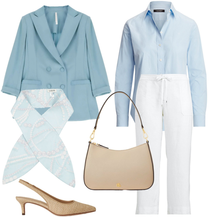 Outfit donna - Spring time. Stile Bon Ton per Ufficio. Abbinamento con sciarpe, blazer, camicie, borse a spalla, pantaloni, décolleté.