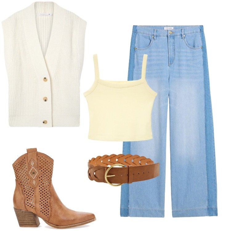 Outfit donna - Total look #2352969. Stile Etnico per Mare. Abbinamento con jeans, cinture, gilet, canottiere, stivaletti texani.