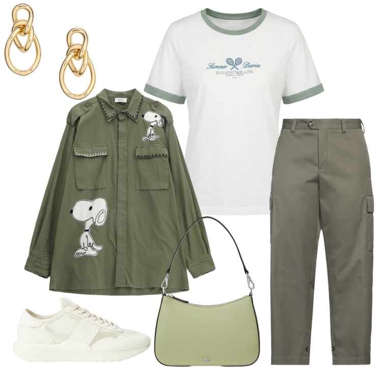 Outfit donna - Snoopy Safari. Stile Casual chic per Tutti i giorni. Abbinamento con pantaloni cargo, t-shirt, camicie, borse a spalla, orecchini, sneakers.