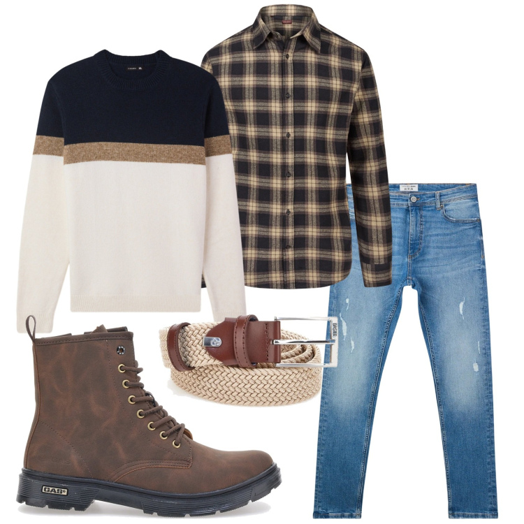 Outfit uomo - Total look #2352972. Stile Casual per Tutti i giorni. Abbinamento con maglieria, jeans strappati, camicie, anfibi, cinture.