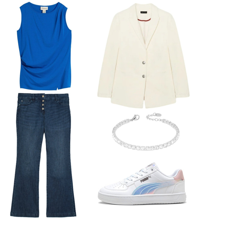 Outfit donna - Spot express. Stile Casual chic per Tutti i giorni. Abbinamento con top, blazer, jeans, braccialetti, sneakers.