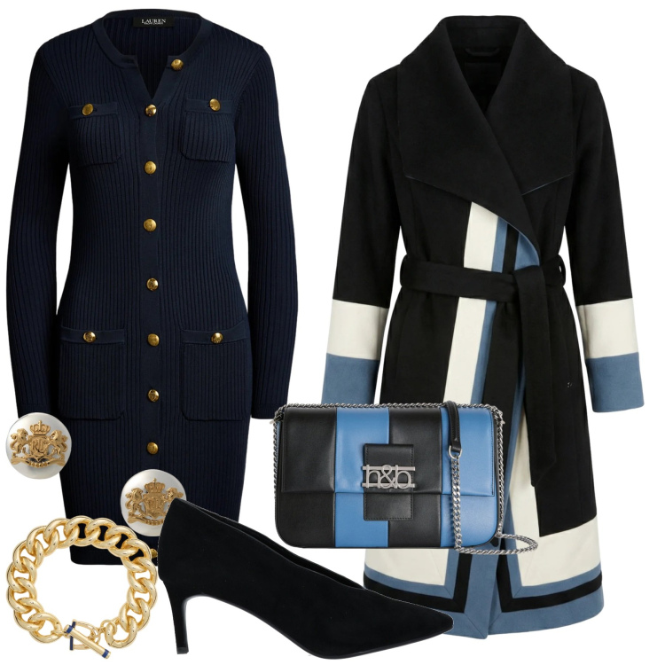 Outfit donna - Look. Stile Glamour per Tutti i giorni. Abbinamento con décolleté, cappotti, borse a tracolla, orecchini, vestiti, braccialetti.