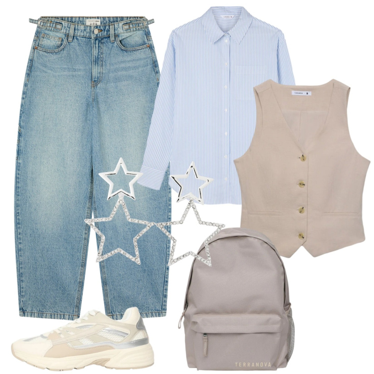 Outfit donna - Terranova spring. Stile Casual per Tutti i giorni. Abbinamento con jeans, camicie, gilet, zaini, sneakers, orecchini.