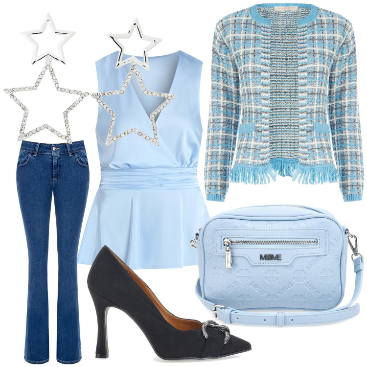 Outfit donna - Azzurro. Stile Chic per Tutti i giorni. Abbinamento con orecchini, jeans a zampa, top, blazer, borse a tracolla, décolleté.