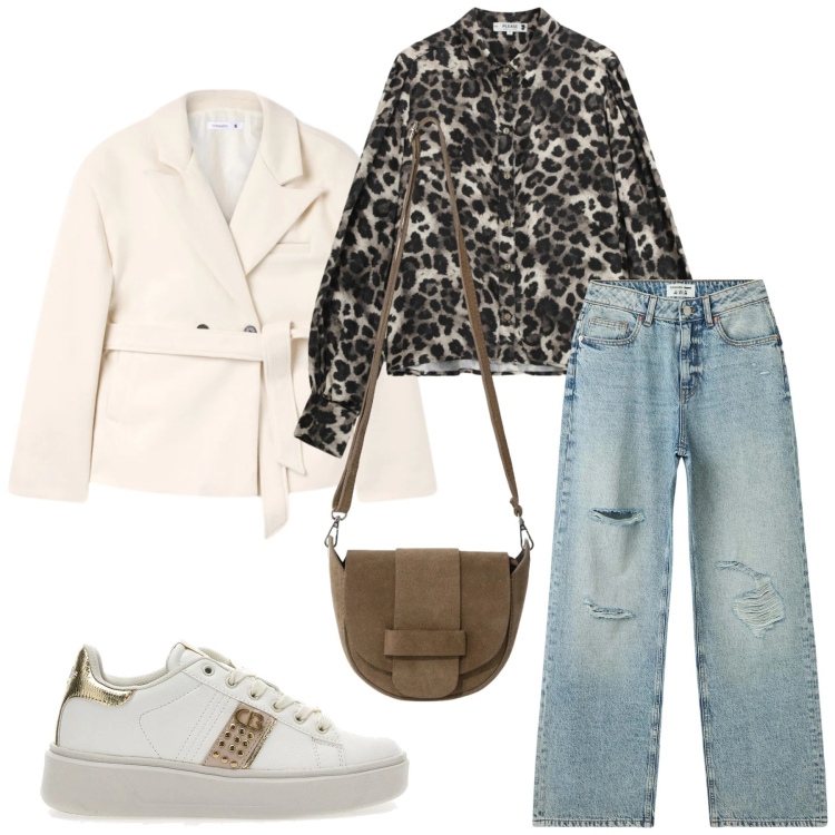 Outfit donna - Total look #2352981. Stile Casual per Tutti i giorni. Abbinamento con blazer, jeans strappati, borse a tracolla, camicie, sneakers.