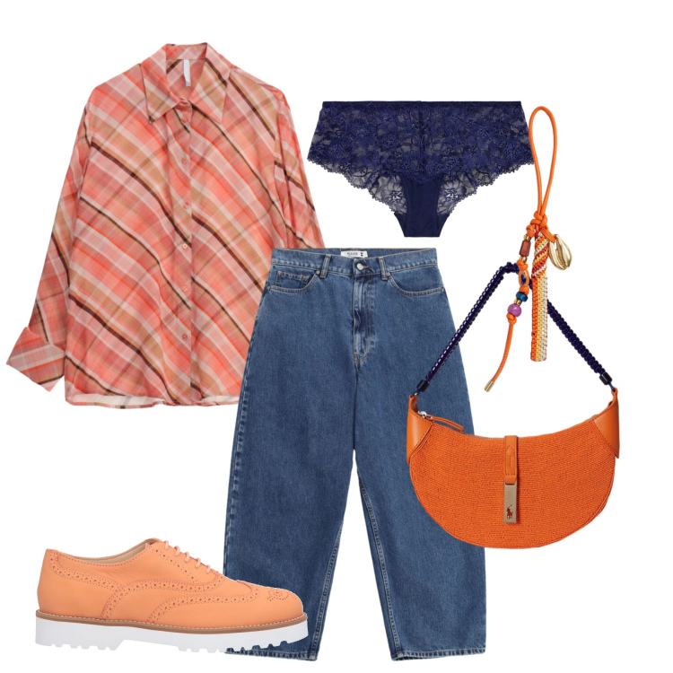 Outfit donna - Orange 1. Stile Mannish per Tutti i giorni. Abbinamento con scarpe stringate, camicie, jeans, culotte, borse a spalla, braccialetti.