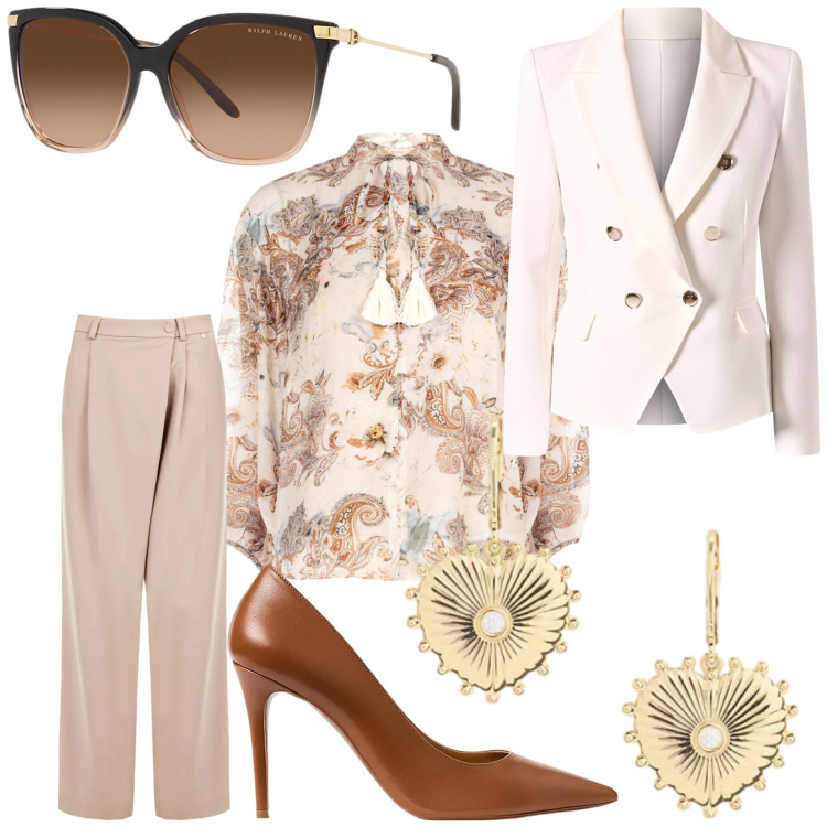 Outfit donna - Romantica. Stile Romantica per Serata fuori. Abbinamento con bluse, pantaloni a palazzo, blazer, occhiali da sole, orecchini, décolleté.