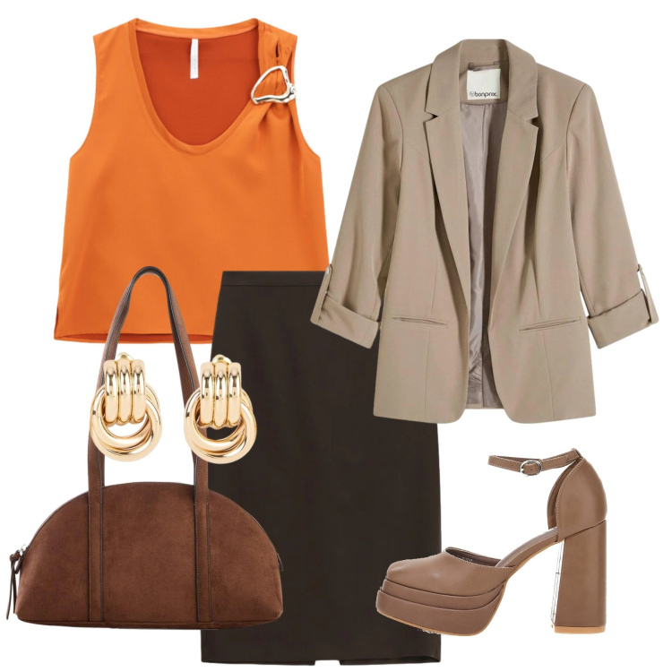 Outfit donna - Orange 2. Stile Chic per Tutti i giorni. Abbinamento con blazer, orecchini, borse a tracolla, top, gonne longuette, décolleté.