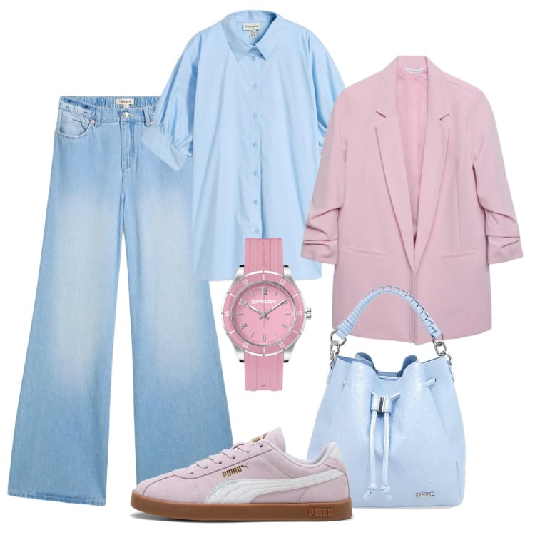Outfit donna - Tagli oversize pastello. Stile Sporty chic per Tutti i giorni. Abbinamento con camicie, jeans, blazer, orologi, sneakers, borse a secchiello.