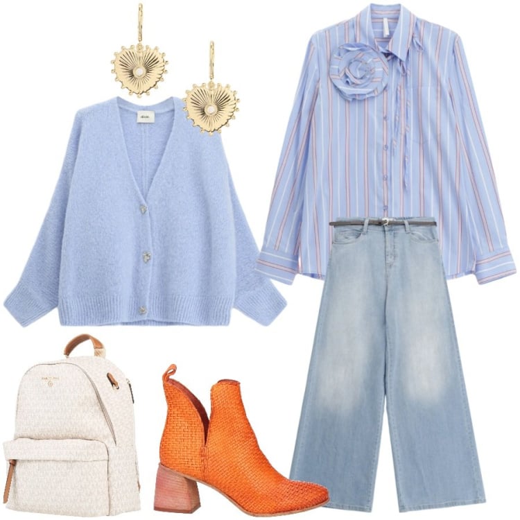 Outfit donna - Total look #2352994. Stile Casual chic per Tutti i giorni. Abbinamento con stivaletti, zaini, jeans, camicie, orecchini, cardigans.