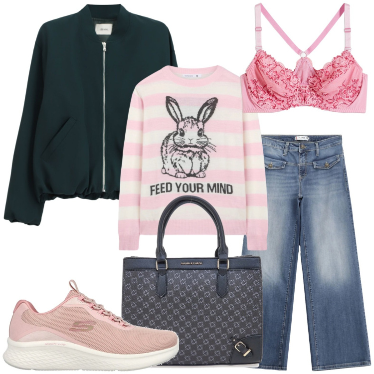 Outfit donna - Feed your mind. Stile Minimal per Tutti i giorni. Abbinamento con reggiseni, maglieria, bomber, jeans, borse a tracolla, sneakers.