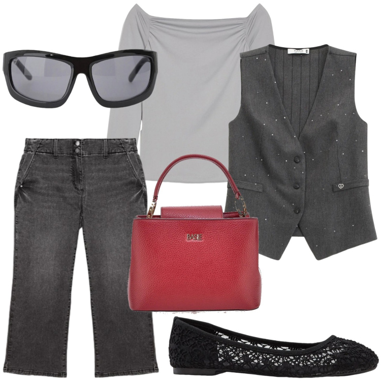 Outfit donna - Gilet minimal. Stile Minimal per Tutti i giorni. Abbinamento con maglieria, ballerine, occhiali da sole, jeans, gilet, borse a mano.