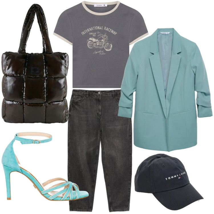 Outfit donna - Sandali effetto scamosciato. Stile Casual per Tutti i giorni. Abbinamento con t-shirt, blazer, jeans mom, sandali col tacco, shopping bag, cappelli con visiera.