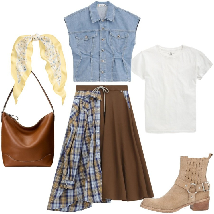 Outfit donna - Primavera in arrivo. Stile Casual chic per Tutti i giorni. Abbinamento con stivaletti texani, gonne longuette, gilet, borse a secchiello, foulard, t-shirt.