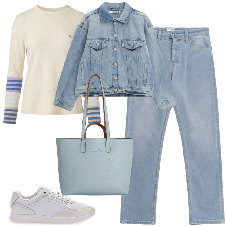 Outfit donna - Total look #2352999. Stile Casual per Tutti i giorni. Abbinamento con pullovers, shopping bag, jeans, blazer, sneakers.