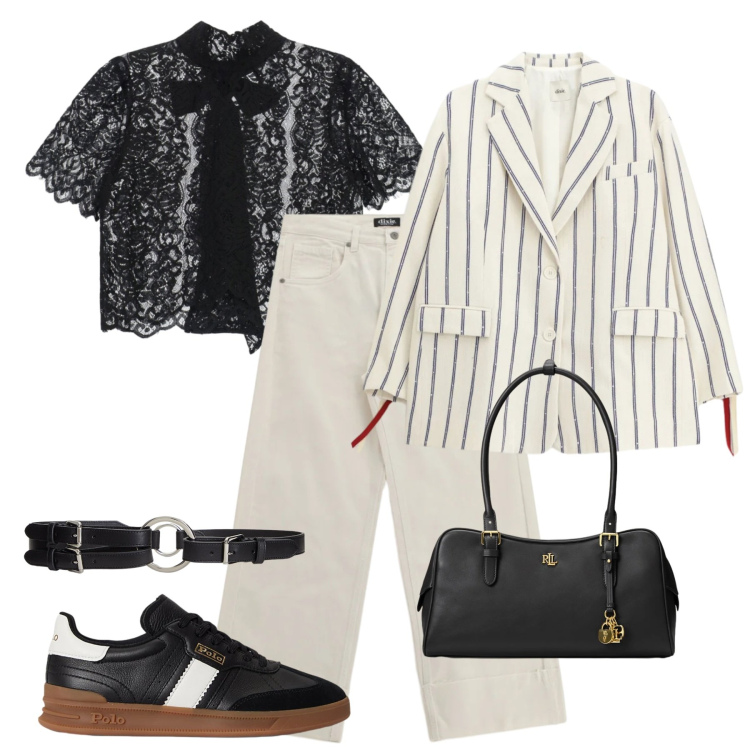 Outfit donna - Pizzo e gessato. Stile Casual chic per Serata fuori. Abbinamento con top, blazer, jeans, sneakers, cinture, borse a mano.