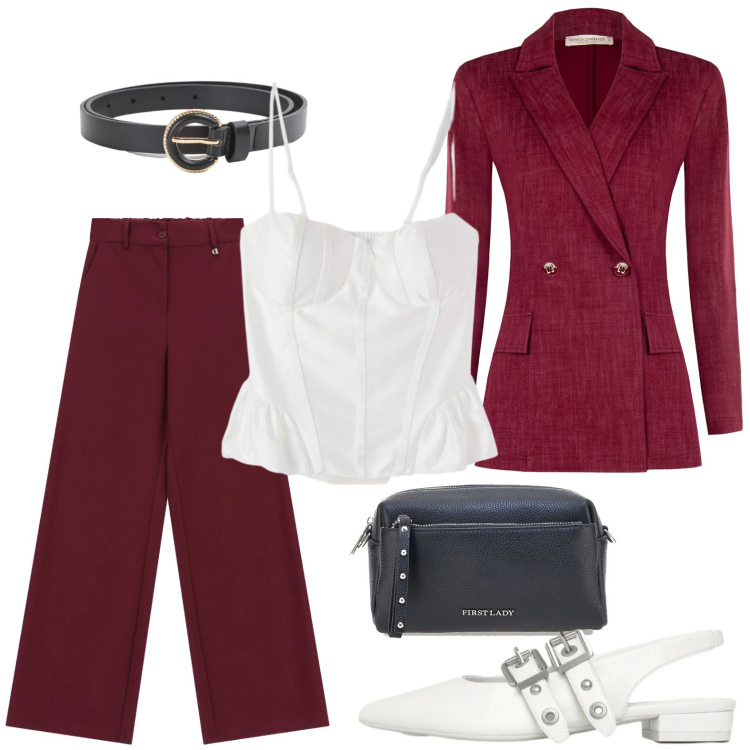 Outfit donna - Il corsetto bianco. Stile Casual per Tutti i giorni. Abbinamento con ballerine, cinture, top, pantaloni a palazzo, blazer, borse a tracolla.