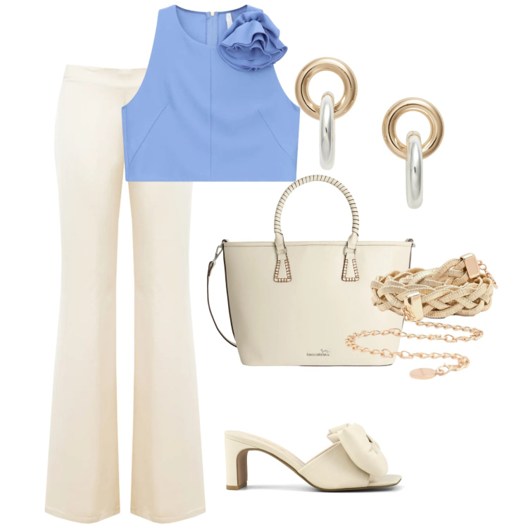 Outfit donna - voglia di primavera. Stile Casual chic per Tutti i giorni. Abbinamento con shopping bag, top, cinture, pantaloni a palazzo, orecchini, sandali col tacco.