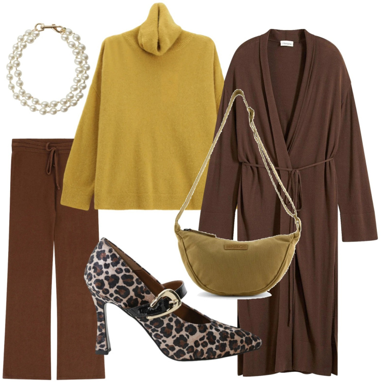 Outfit donna - Look distintivo. Stile Trendy per Tutti i giorni. Abbinamento con cappotti, pantaloni a palazzo, maglieria, décolleté, braccialetti, borse a tracolla.