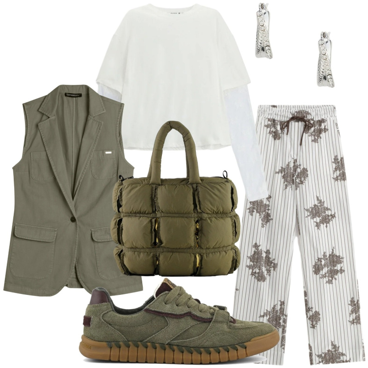 Outfit donna - Stile originale. Stile Minimal per Tutti i giorni. Abbinamento con pantaloni a palazzo, t-shirt, gilet, borse a mano, orecchini, sneakers.