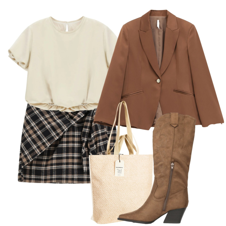 Outfit donna - Fine inverno. Stile Bon Ton per Tutti i giorni. Abbinamento con stivali, blazer, camicie a manica corta, minigonne, borse tote.