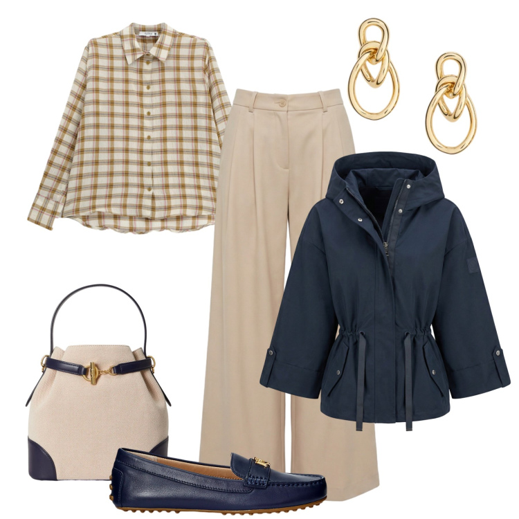 Outfit donna - Comoda con stile. Stile Casual chic per Tutti i giorni. Abbinamento con pantaloni, caban, camicie, mocassini, orecchini, borse a secchiello.